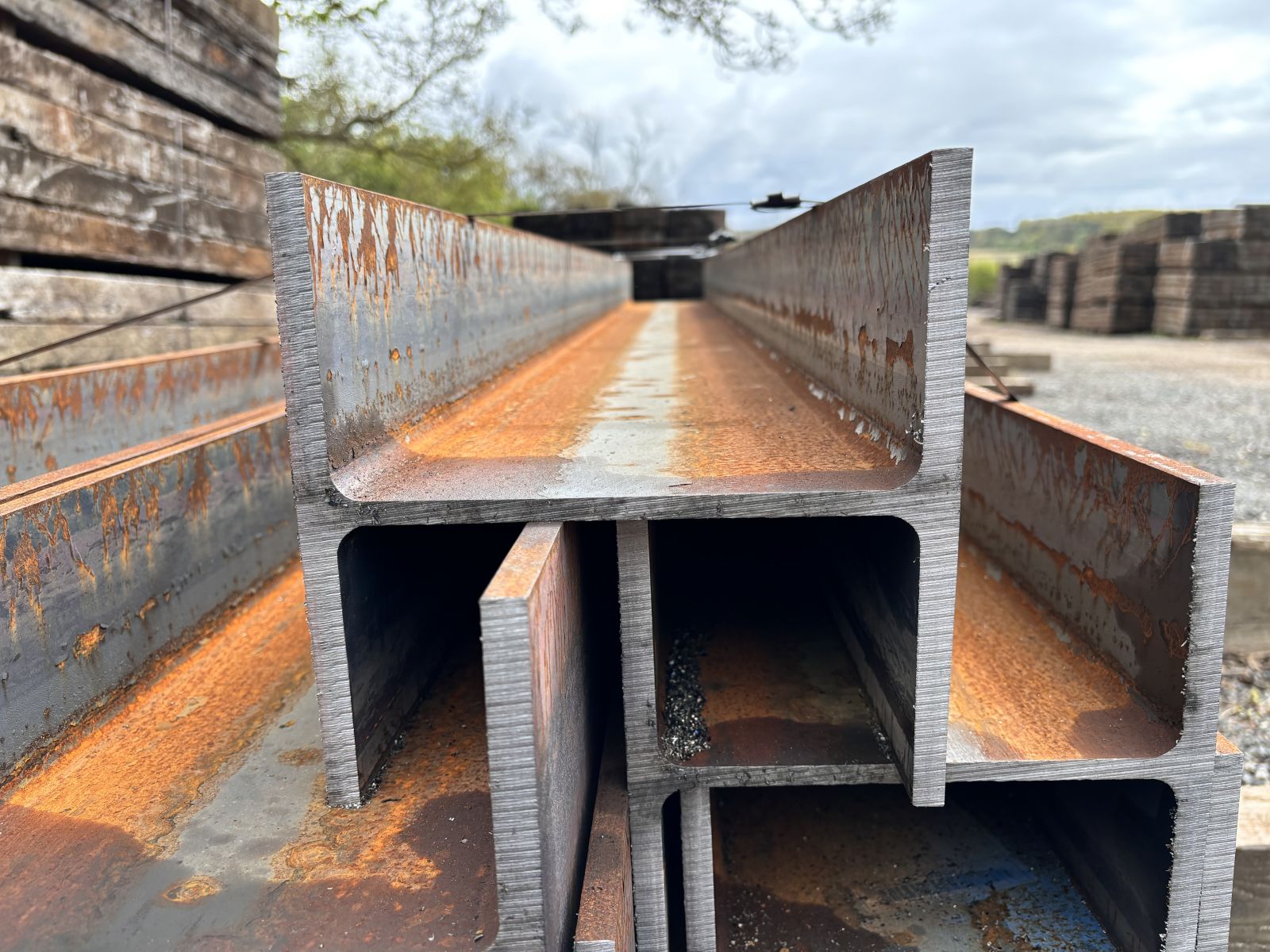 Steel H beams used to construct railway sleeper walls. Railwaysleepers.com