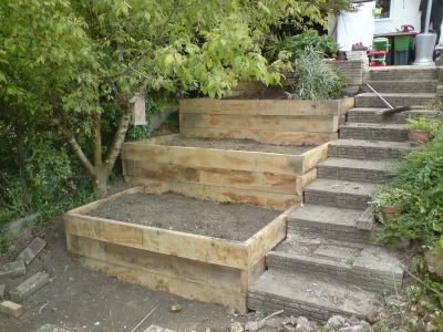 MARTIN'S MULTI-LAYERED OAK PLANTERS WITH NEW RAILWAY SLEEPERS