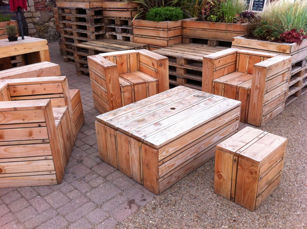 Tables & chairs made out of pallets, at the quay side in Kings Lynn