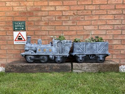 TRACEY'S TRAIN PLANTER SITS ON 50 YEAR OLD RAILWAY SLEEPERS