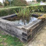 WE ALL GO GREY IN THE END! WEATHERED RAISED POND BUILT WITH OAK RAILWAY SLEEPERS